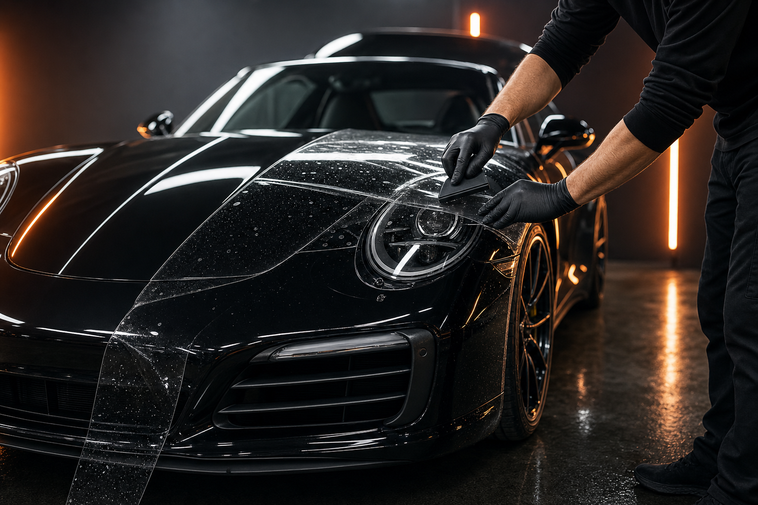 Technician applying paint protection film to a black Porsche
